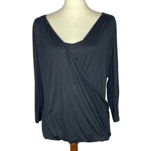 Caché Shirt Womens Medium Black Rayon Blend Faux Wrap Knit Cotton‎ Lycra Stretch